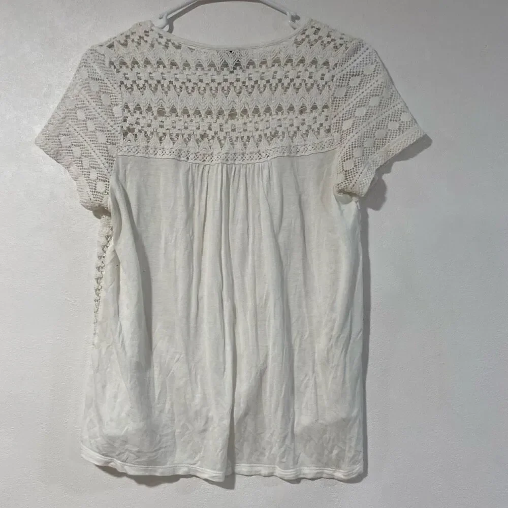Lucky Brand Crochet Lace Top Medium Boho Ivory Short Sleeve Blouse